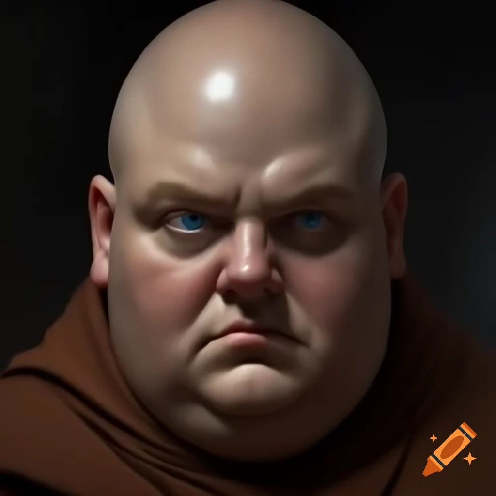 Realistic portrait of a bald, fat medieval monk in fine clothes with a gold pin
