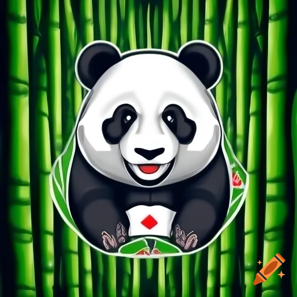 Panda with poker face in front of bamboo forest