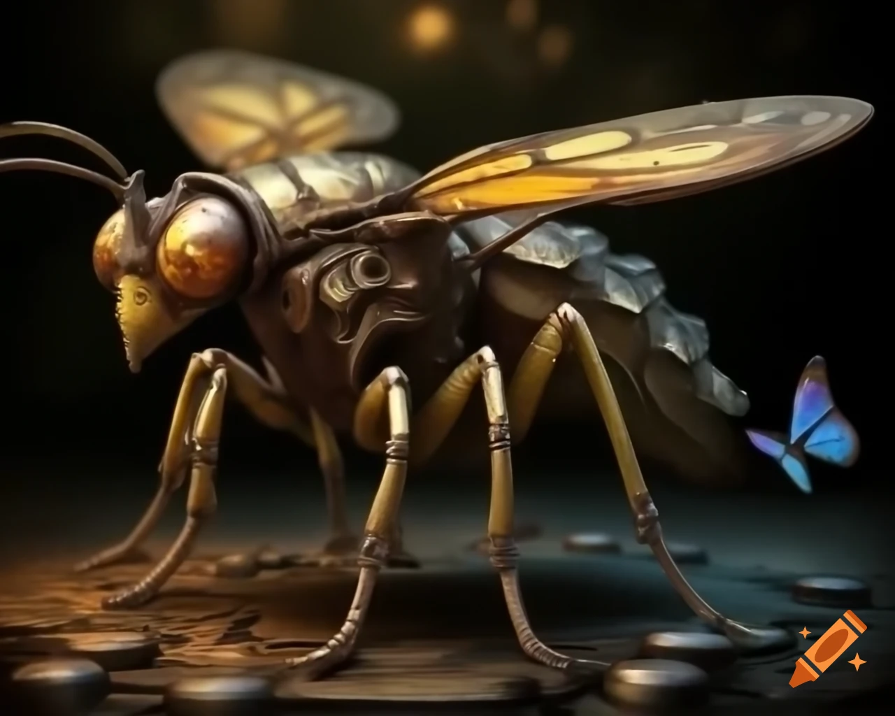 Steampunk butterfly insect with armor and mechanical elements