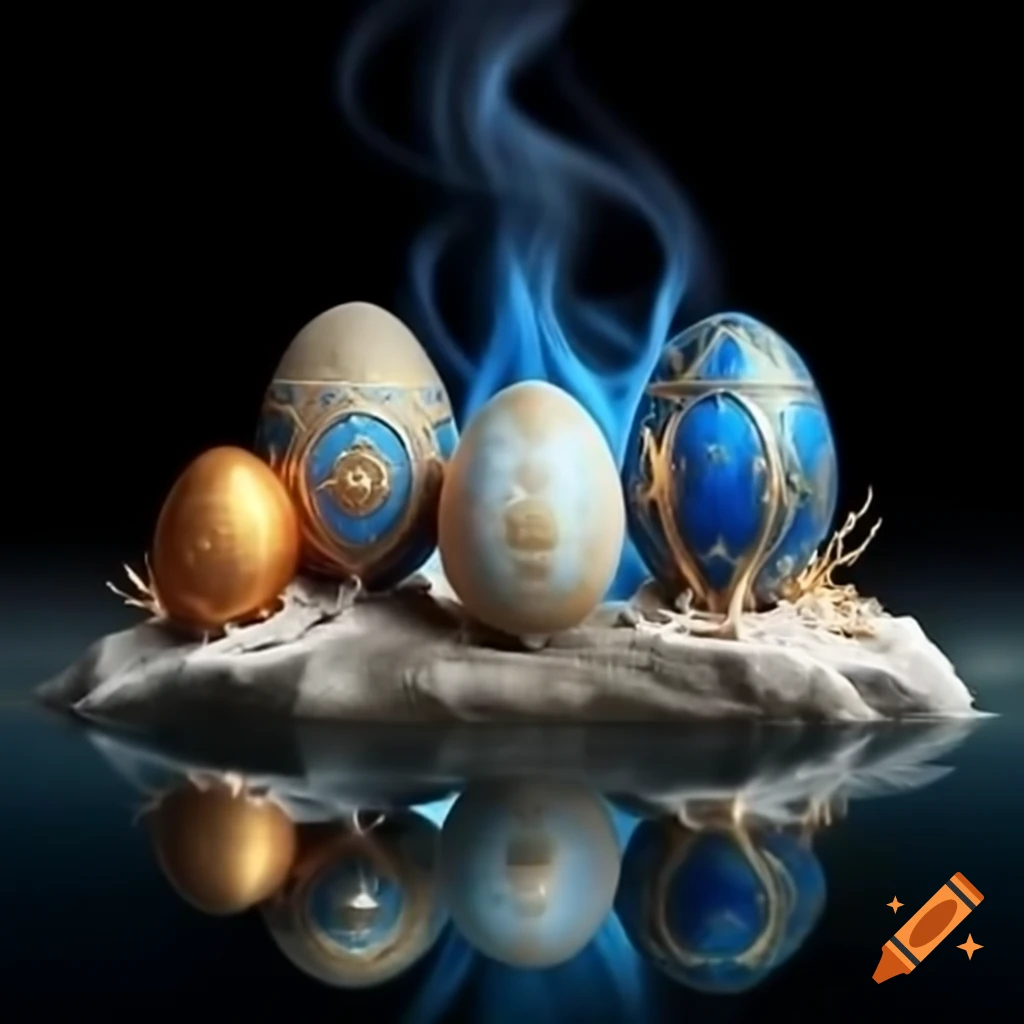 Four mystical Fabergé eggs representing Earth, Water, Air, and Fire in a magical atmosphere