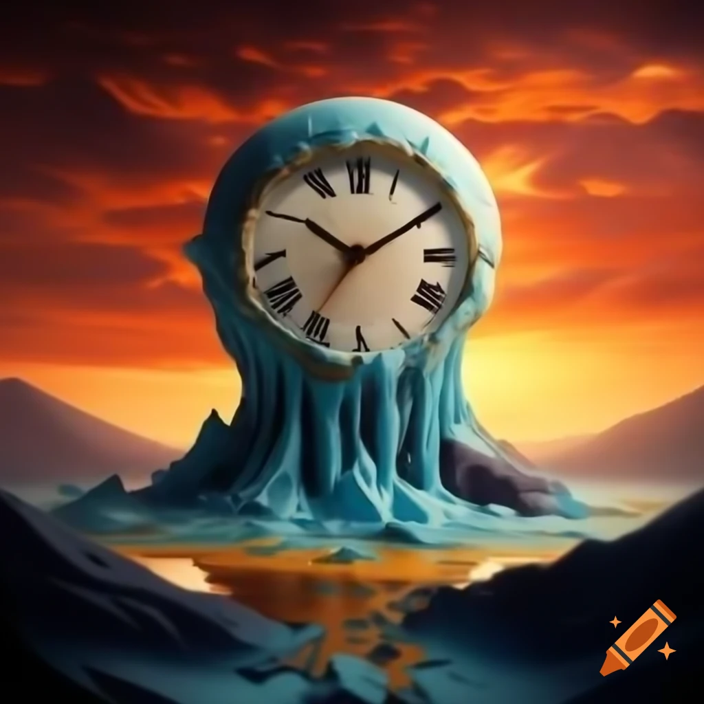 Surreal melting clock over mountain at sunset, inspired by Salvador Dalí