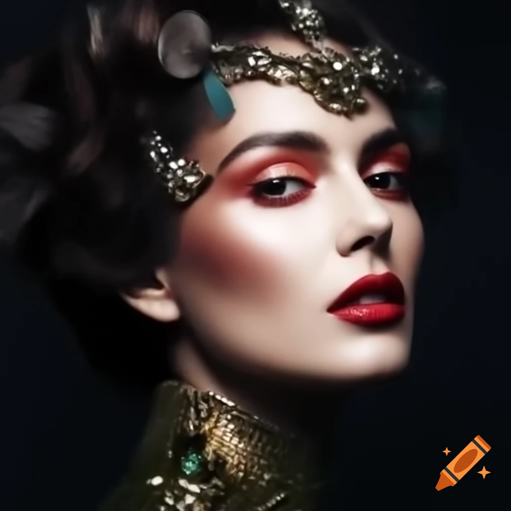 Portrait of a woman in extravagant fashion with intense gaze, dark atmosphere
