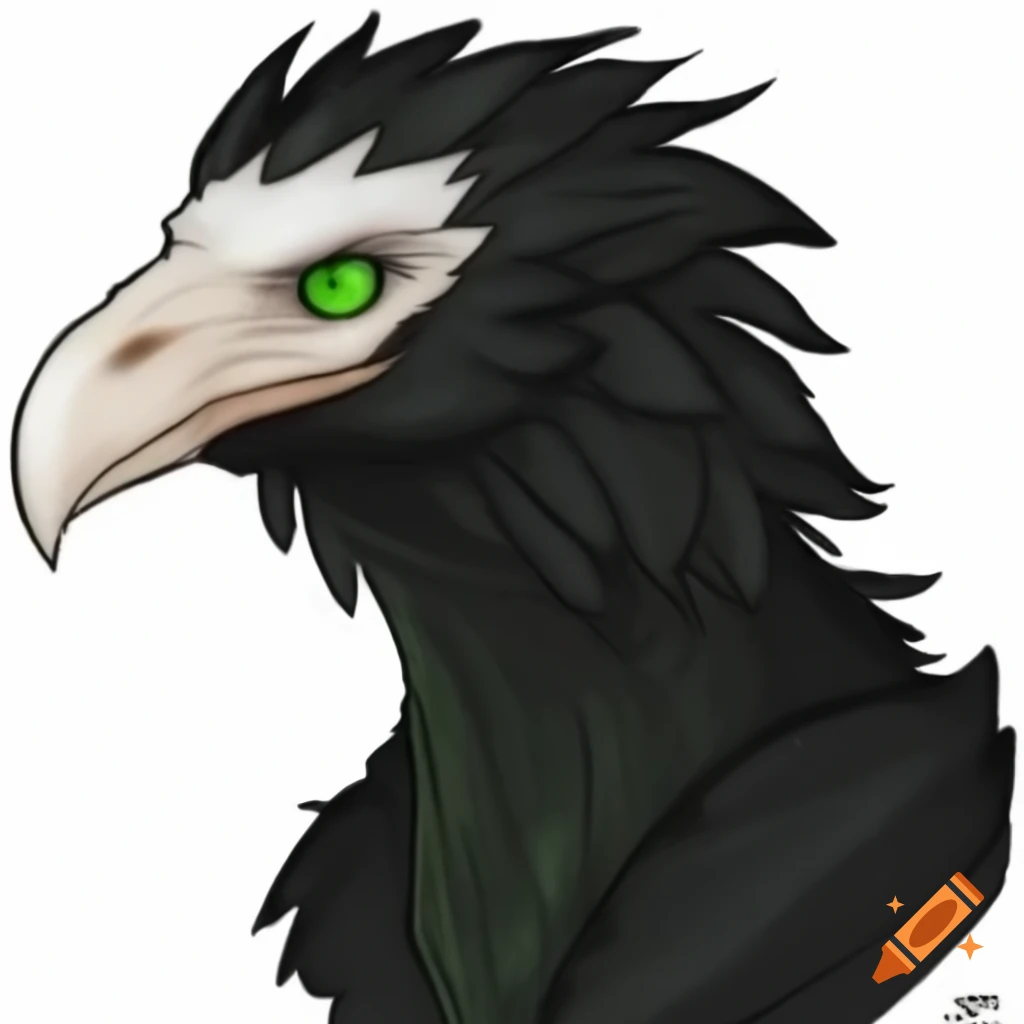 Humanoid bird character with black feathers and green eyes inspired by Dungeons and Dragons