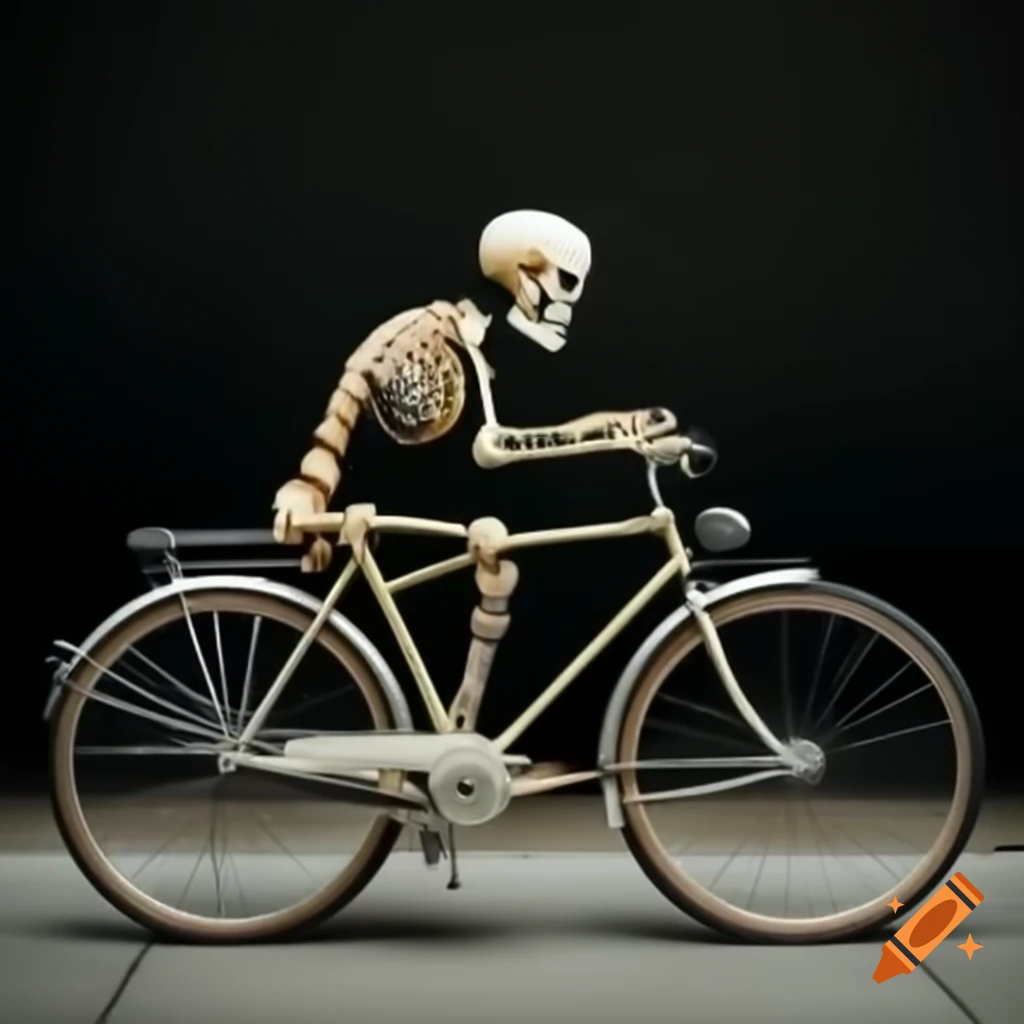 Skeleton riding a bicycle wearing a cap