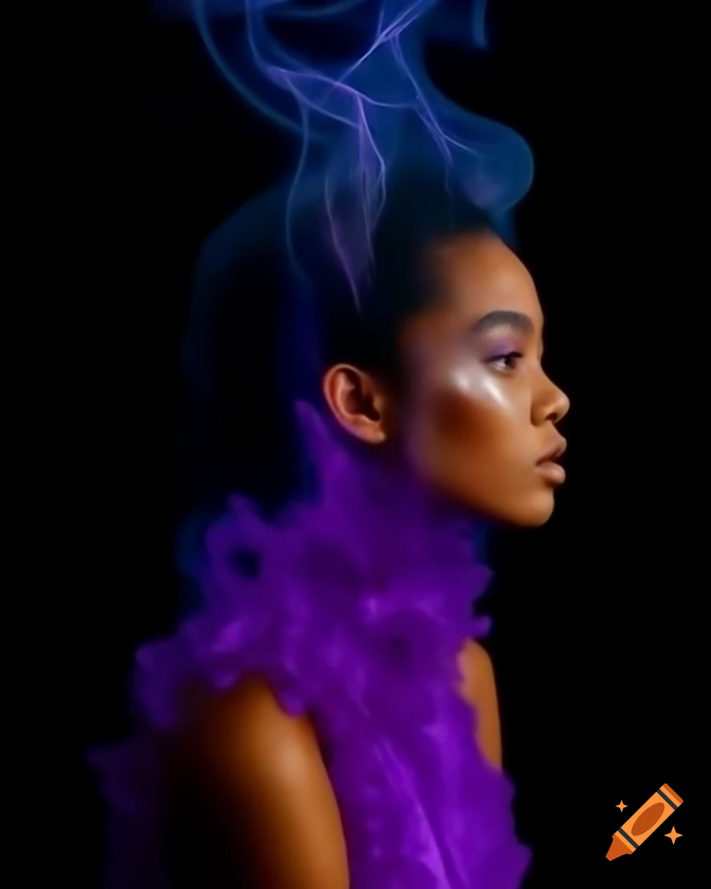 Woman in dress made of purple fire, realism style