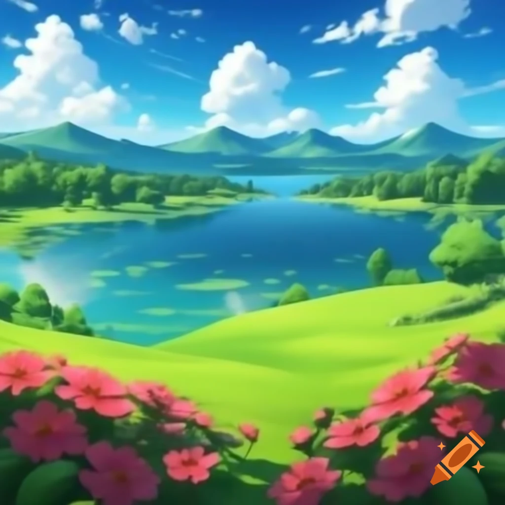 Lake surrounded by beautiful flowers and lush greenery