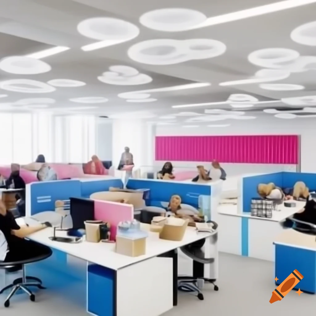 Busy charity office with multiple desks representing teams and colorful decor