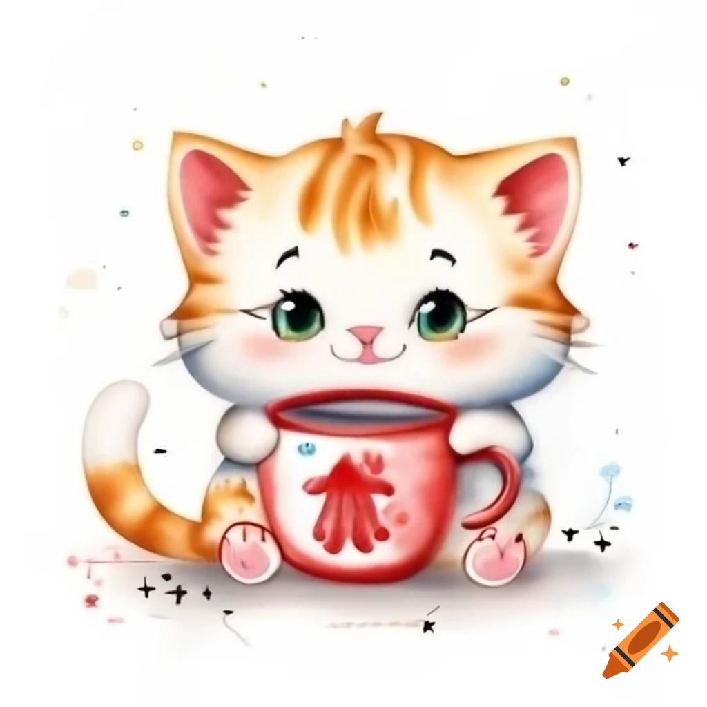 Fluffy Japanese kitten drinking milk in Disney style, chalk paint