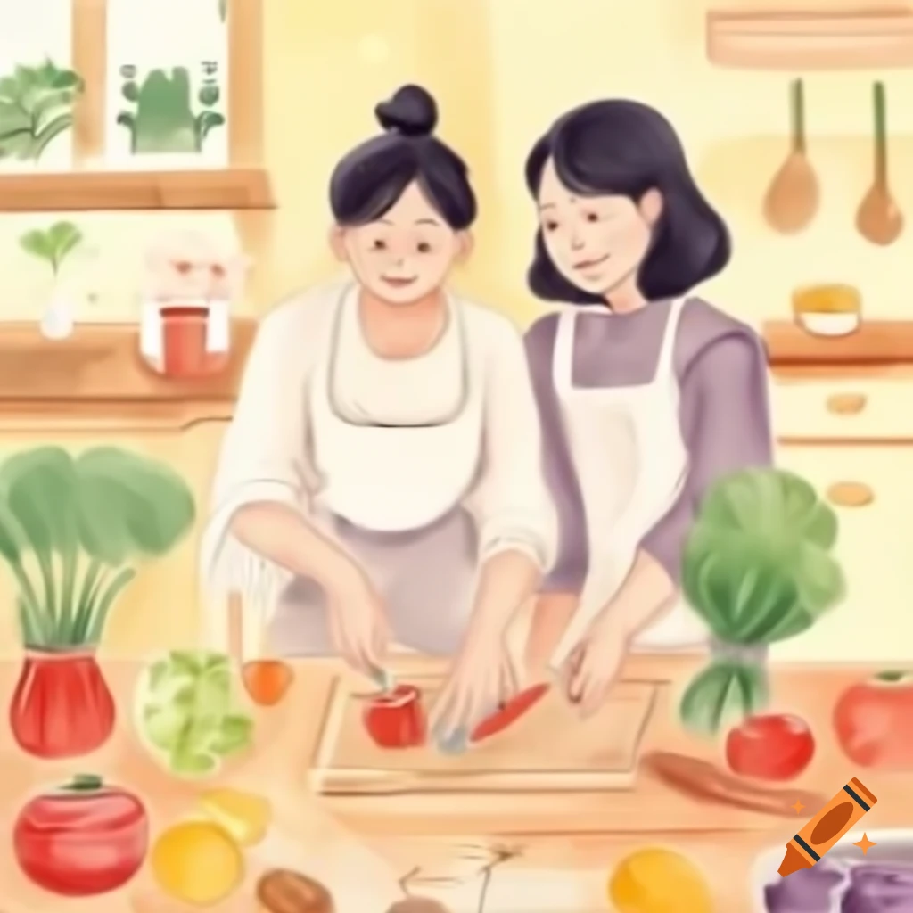 Warmly coloured watercolor sketch of woman chopping vegetables