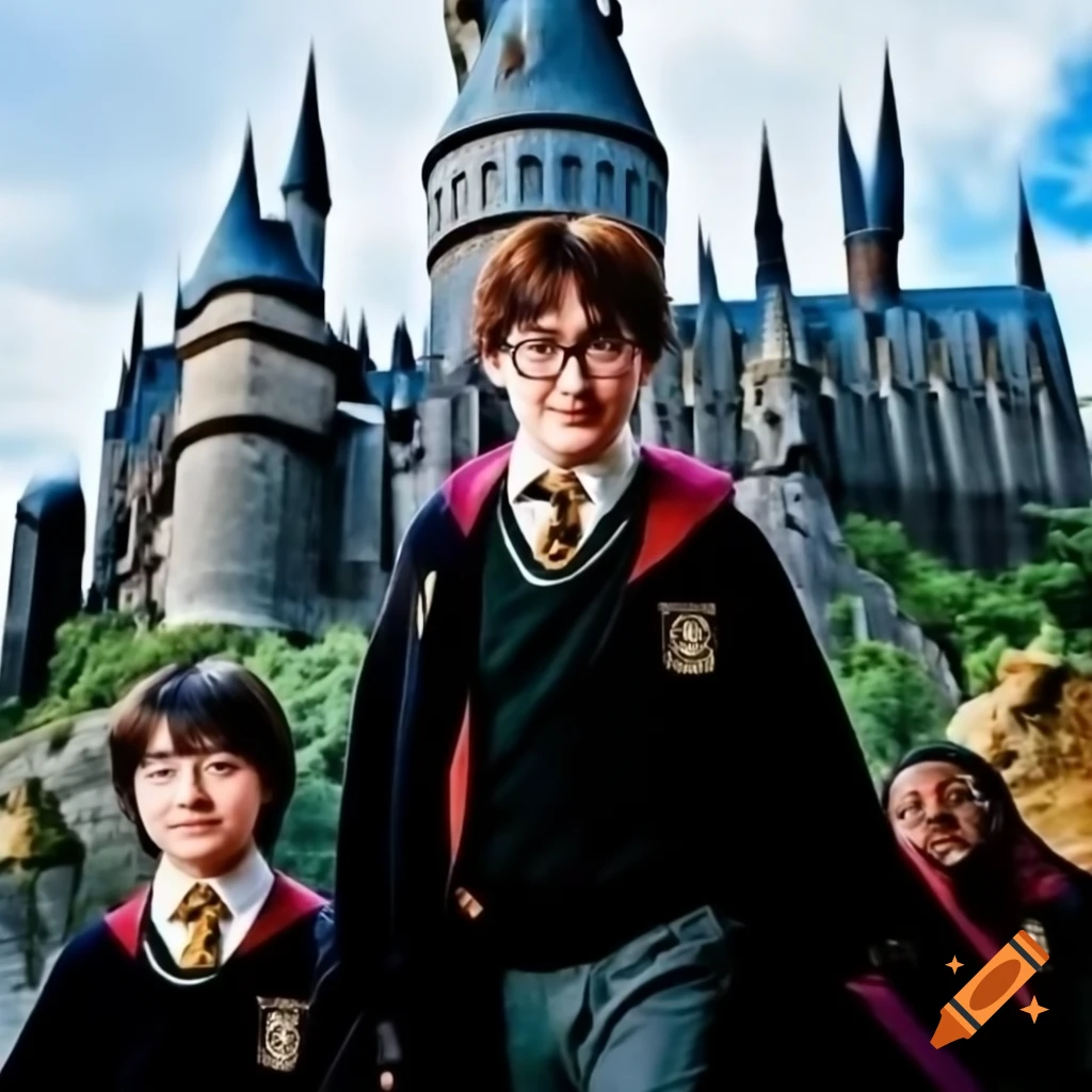Friends standing outside Hogwarts castle with children