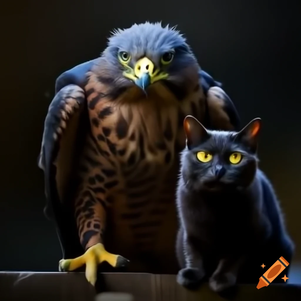 Terrorhawk and black cat with glowing yellow eyes in face forward pose