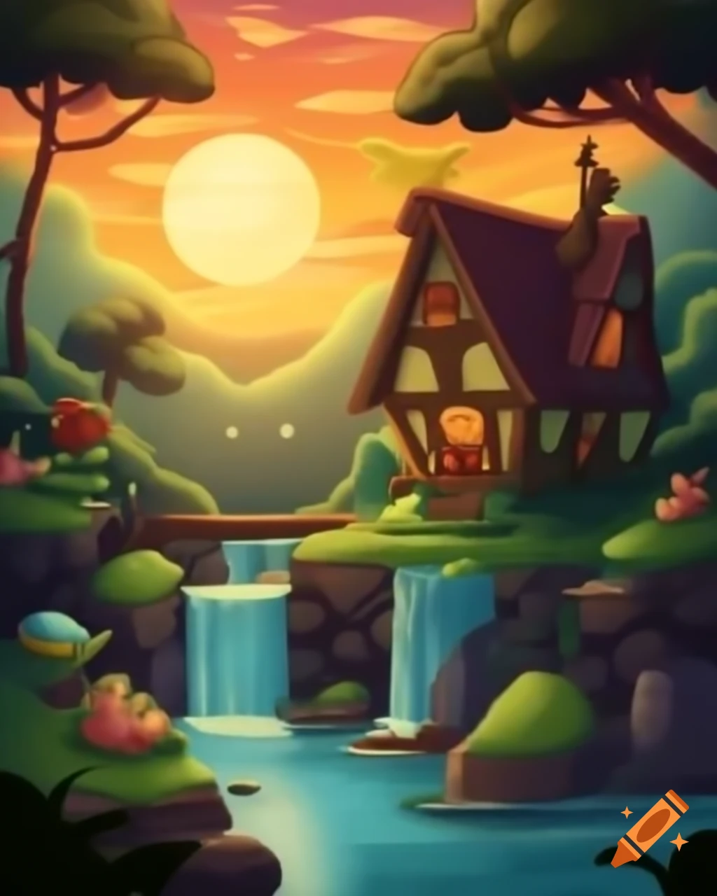 Scribblenauts style scene with waterfall, fairy house, sunset, and frogs