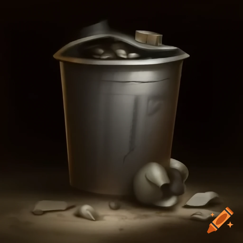 Anthropomorphized trash can with apple eyes and crumpled soda can