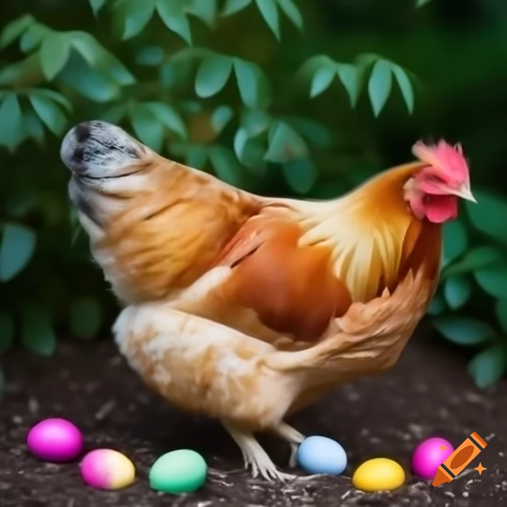 Hen with colorful eggs in garden