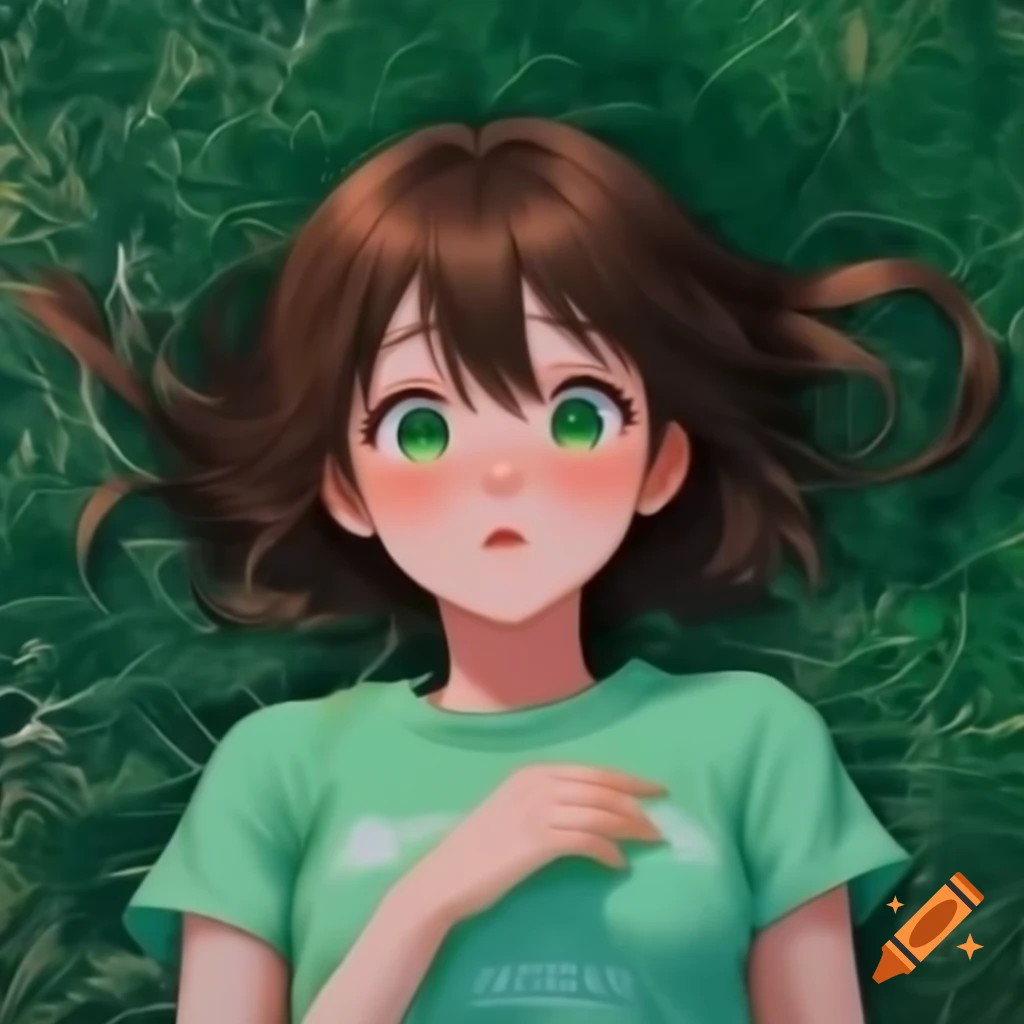 Anime girl in green T-shirt with short brown hair lying on ground from top view