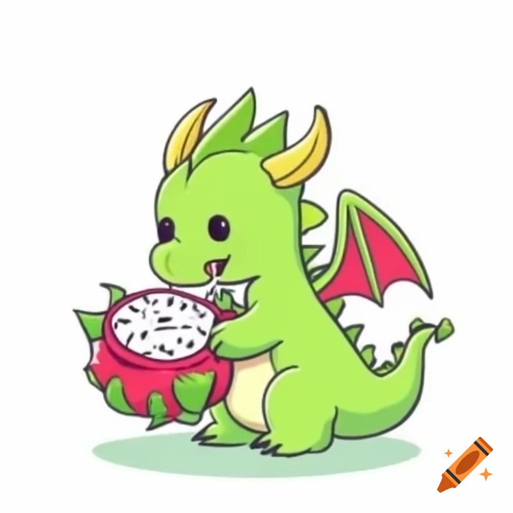 Cute dragon eating dragon fruit cut in half