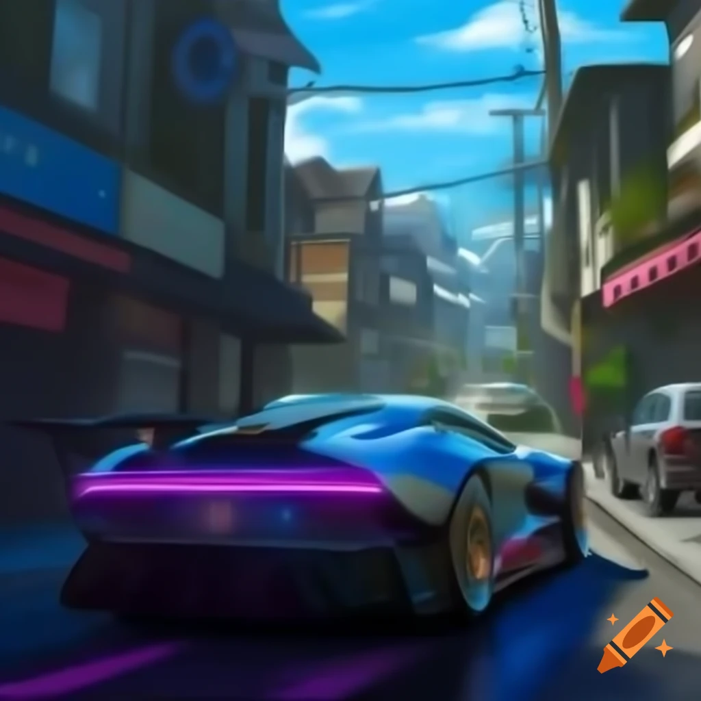 Cyberpunk sports car driving past graffiti-covered houses on a sunny day