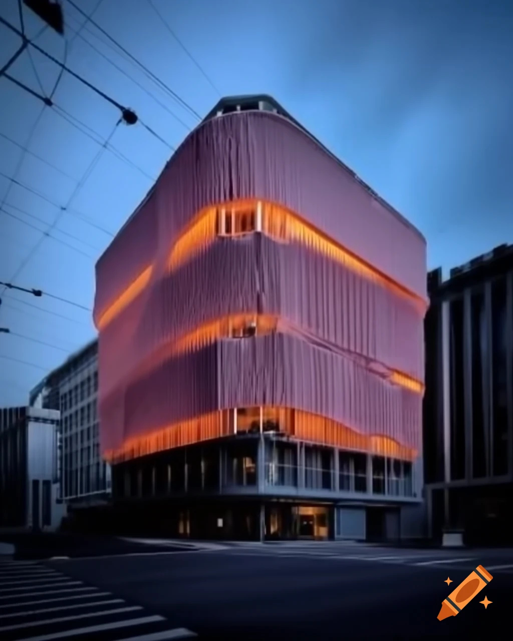 Building facade featuring strings of fabric along its height