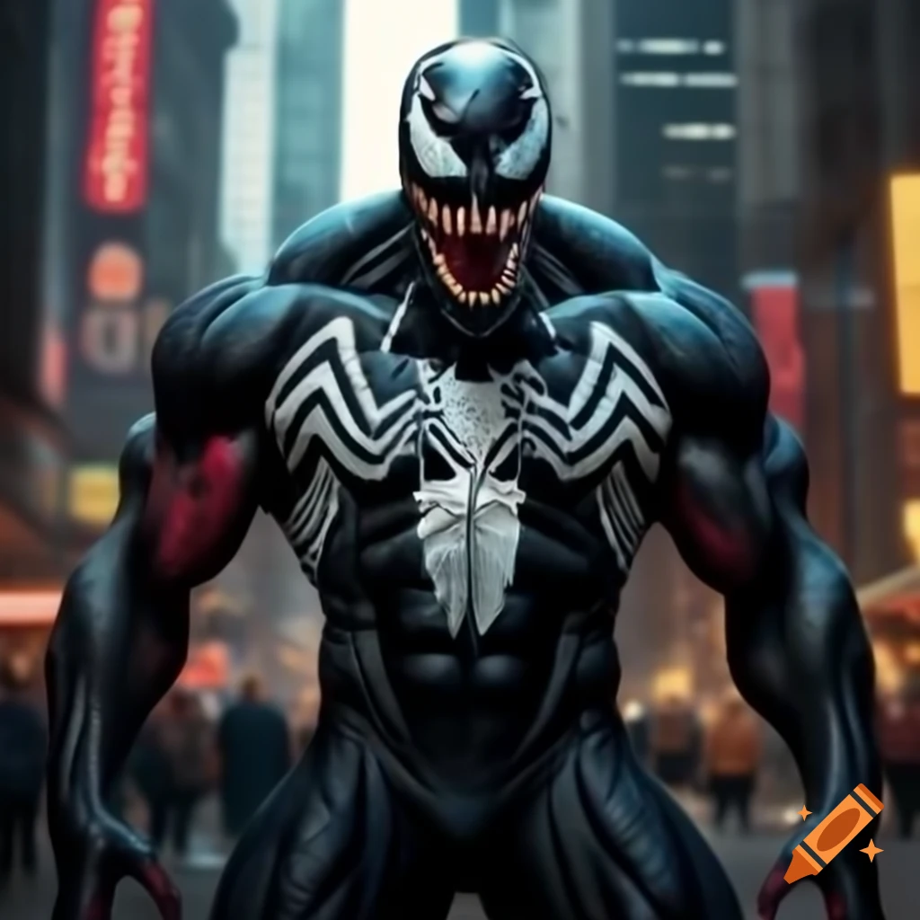 Venom character standing against neon city skyline
