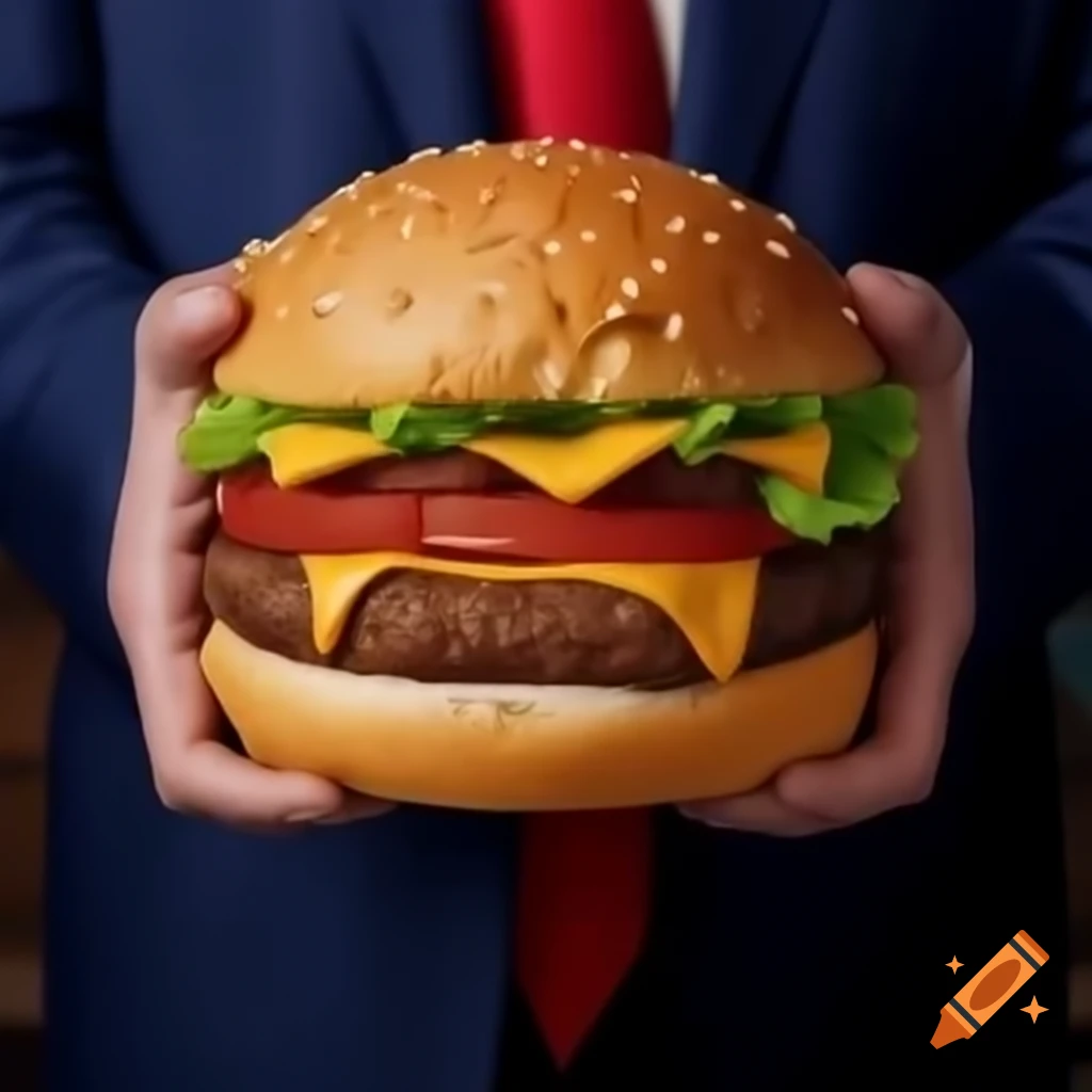 Cartoon of a hamburger characterized as Donald Trump