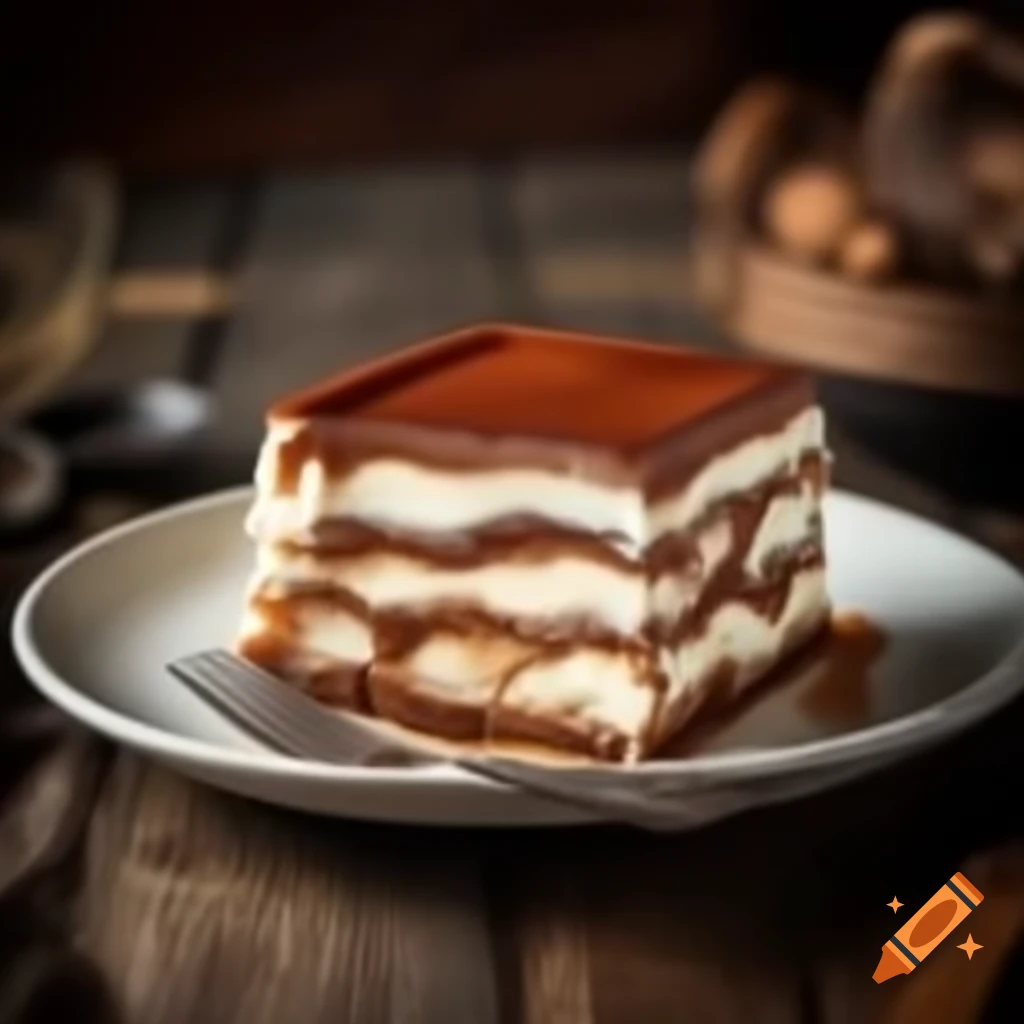 Close-up of tiramisu on plate on old wooden table