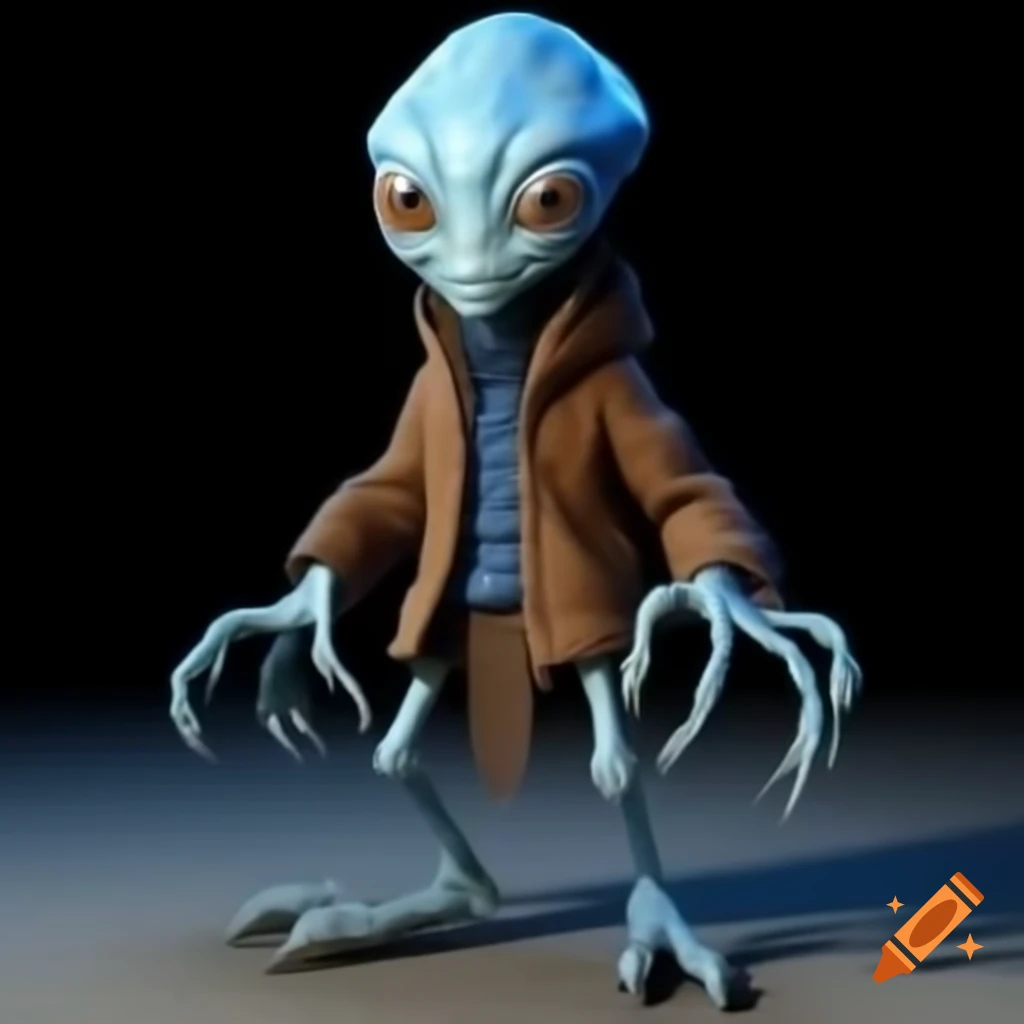 Humanoid alien character with blue skin in stylish everyday outfit and expensive shoes