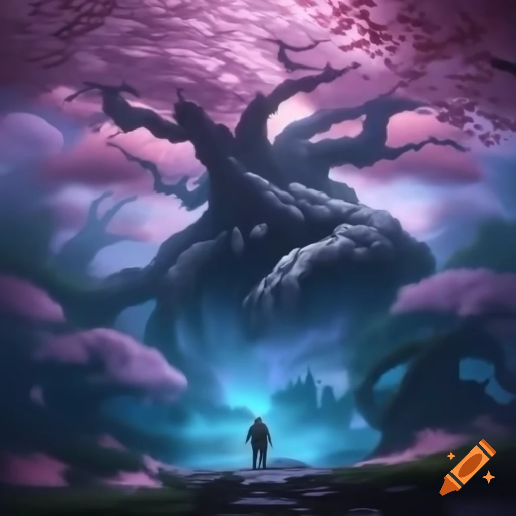 Eldritch cherry blossom tree deity and human on cliff over magical forest at sunset