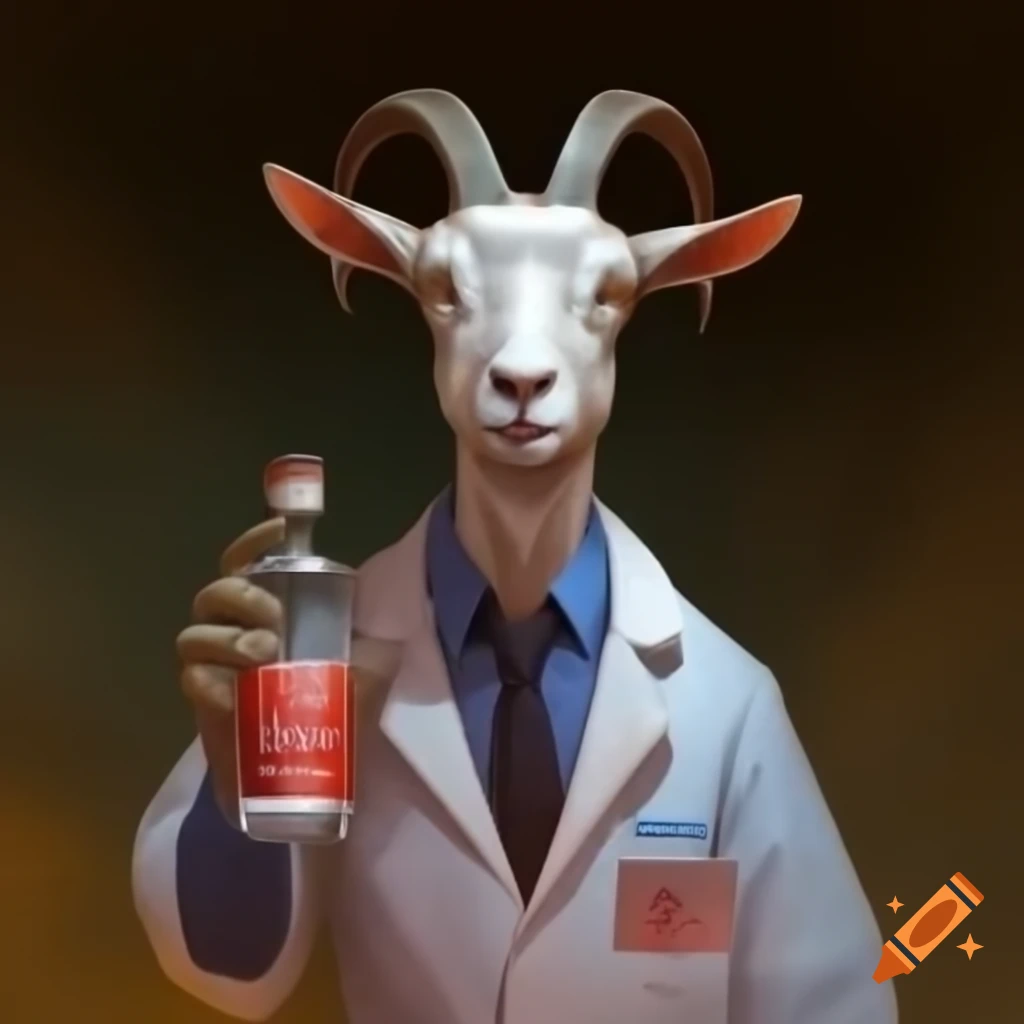 Humanoid goat man in lab coat holding vodka in Russia