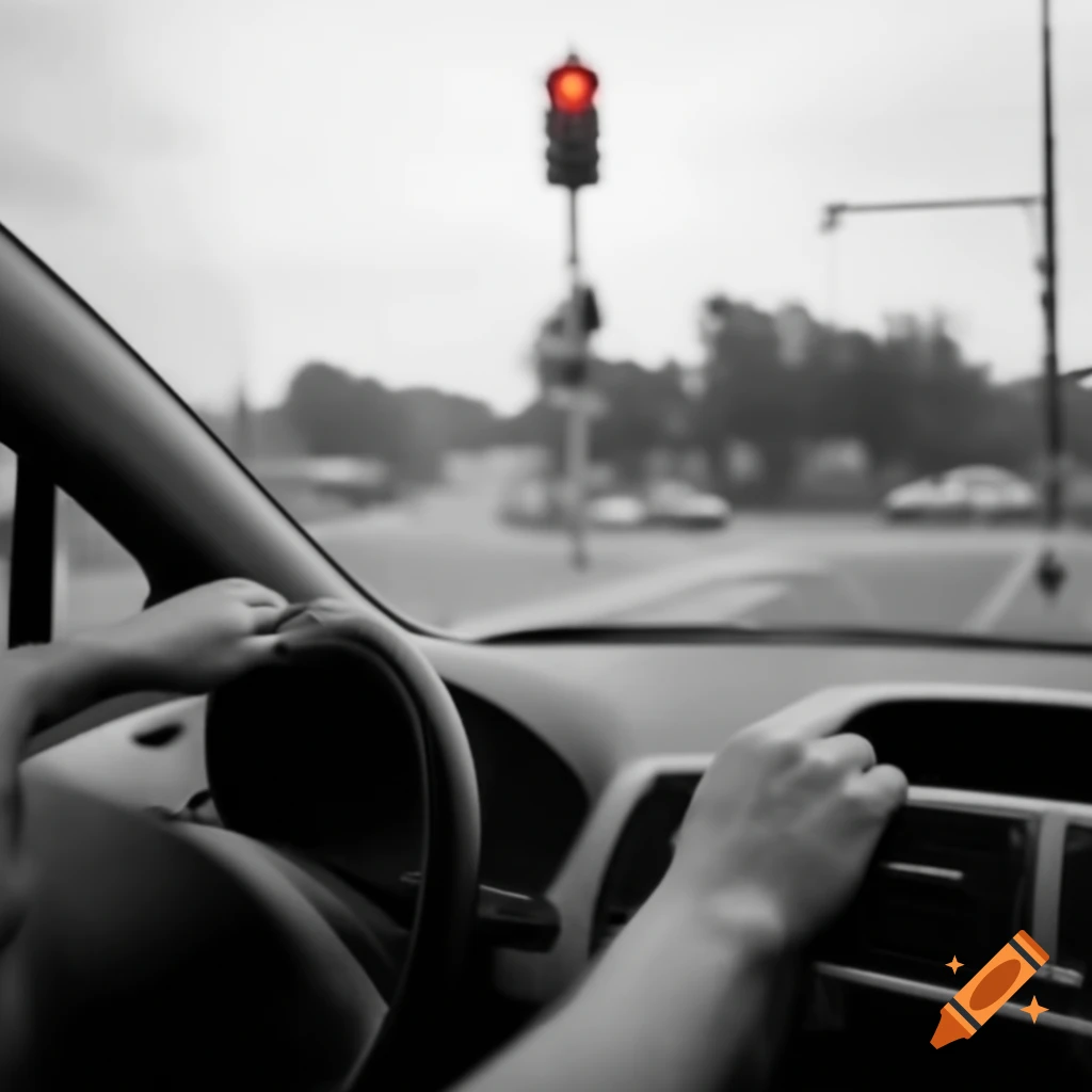 Man driving car with traffic signal and tower visible