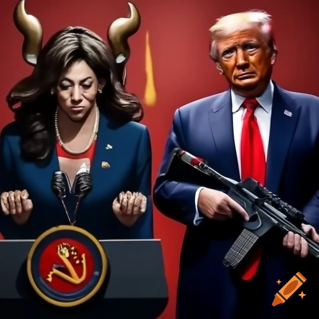 Satirical depiction of presidential debate featuring Kamala with horns and Trump as a muscle-bound patriot