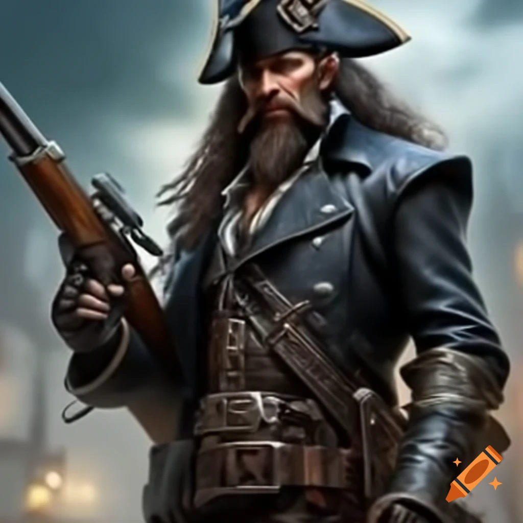 Full body bald black bearded steampunk pirate captain with rifle
