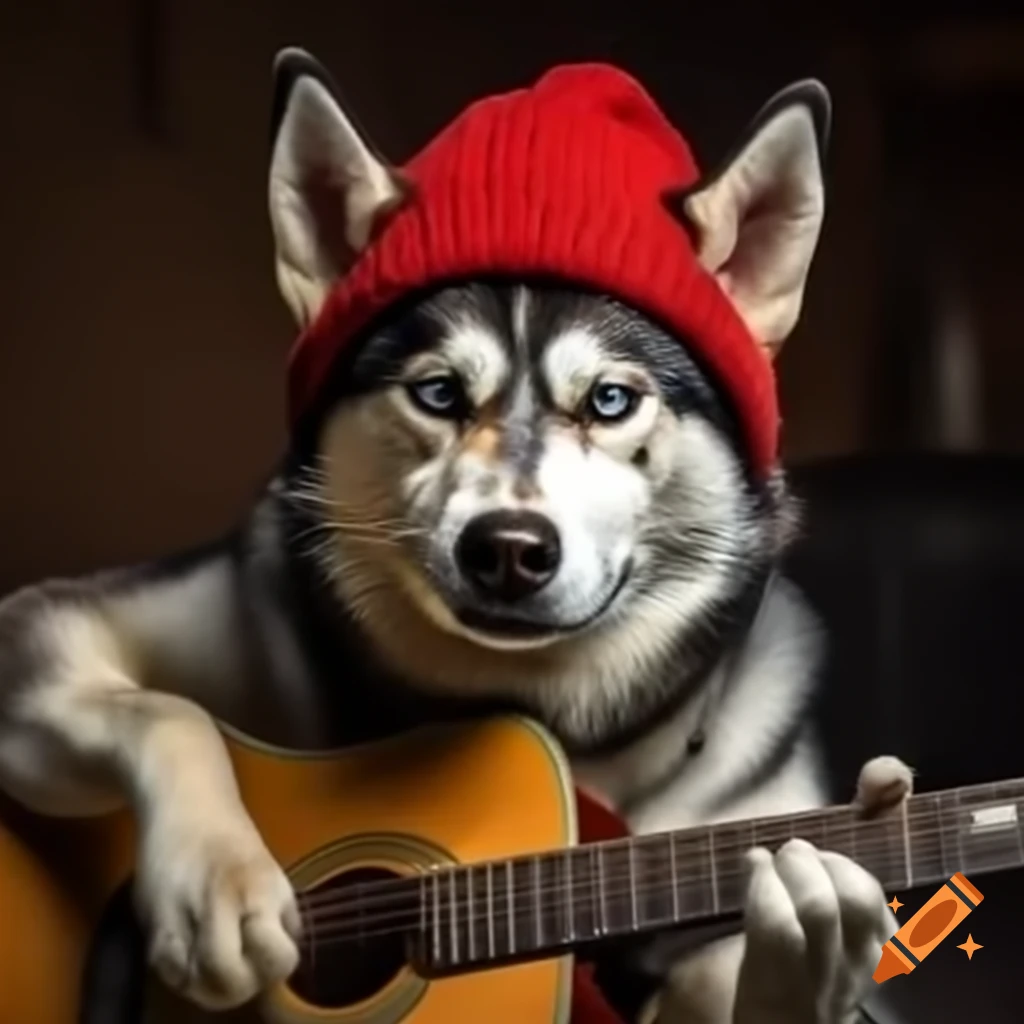 Angry husky wearing red beanie playing guitar