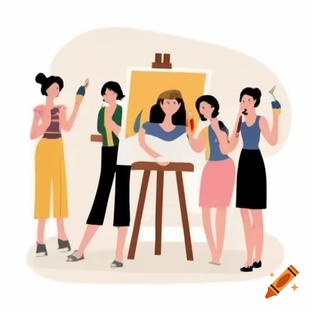 Four women painting on canvases with wine glasses around them