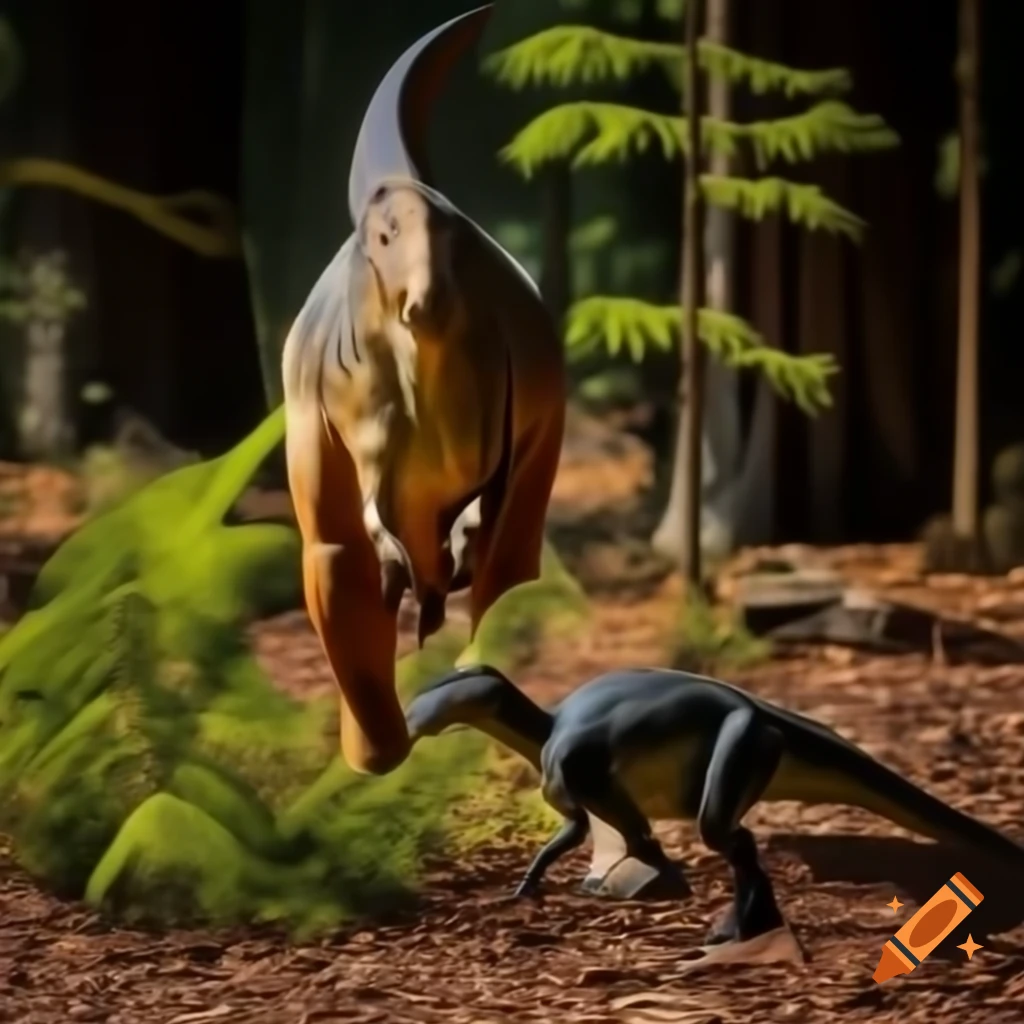 Cinnamon and grey striped Pachycephalosaurus in sunny redwood forest clearing
