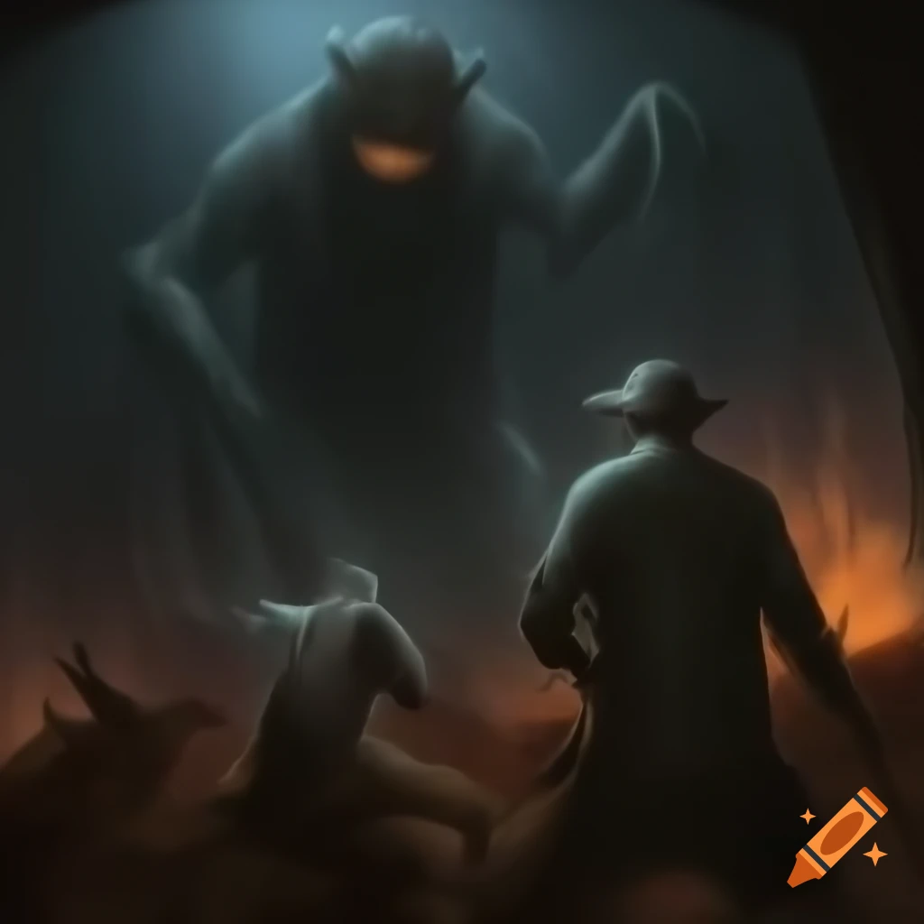 Tense confrontation between farmer and mysterious creature in dark setting