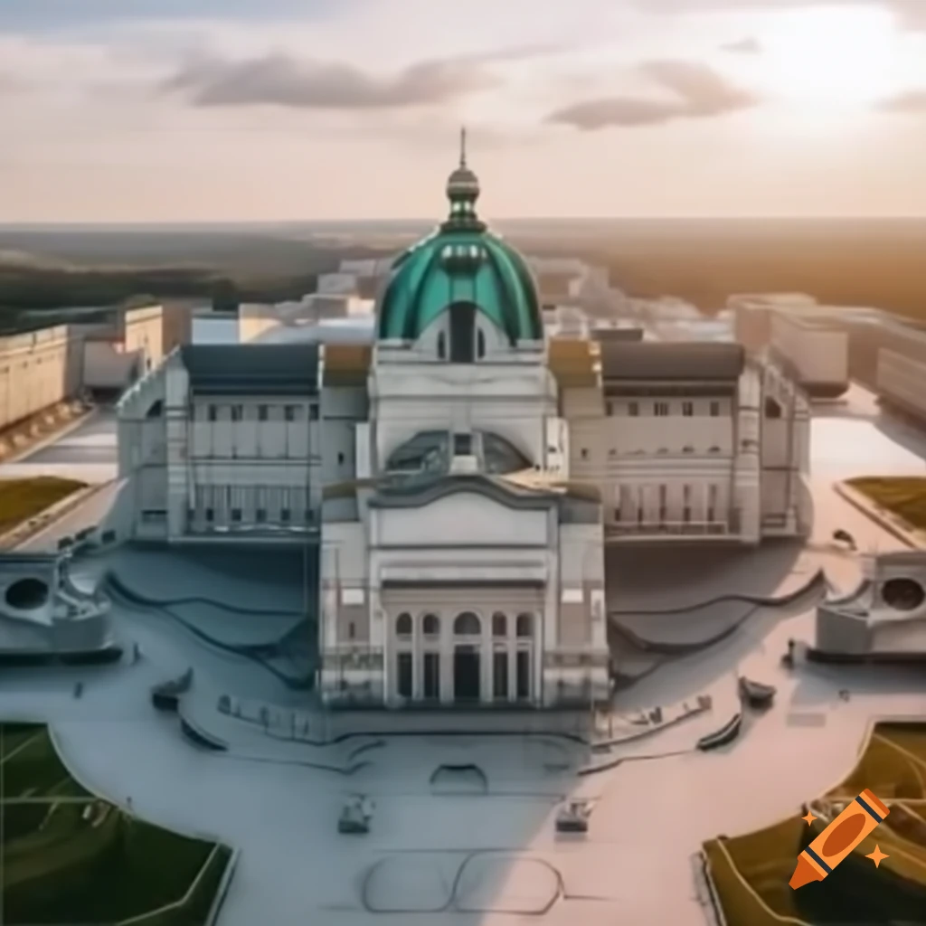 Fictional parliament building of the Republic of Valoria with 'Ein Valoria' text in green and white style