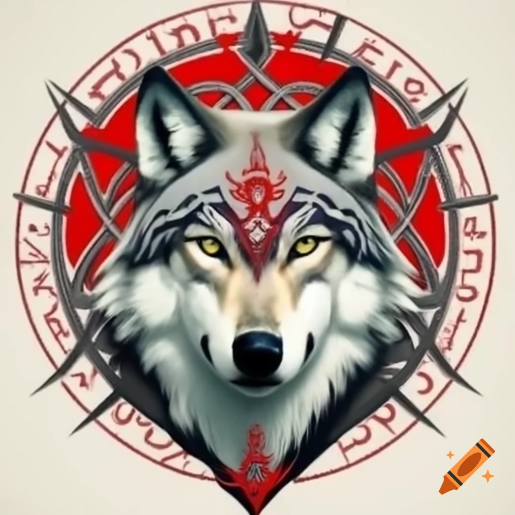 Norse style logo featuring a wolf in white and red