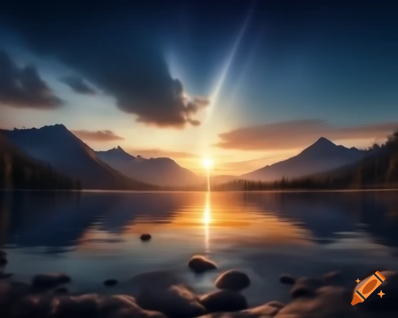 Photorealistic 3D render of mountain lake at sunset with sun rays and island