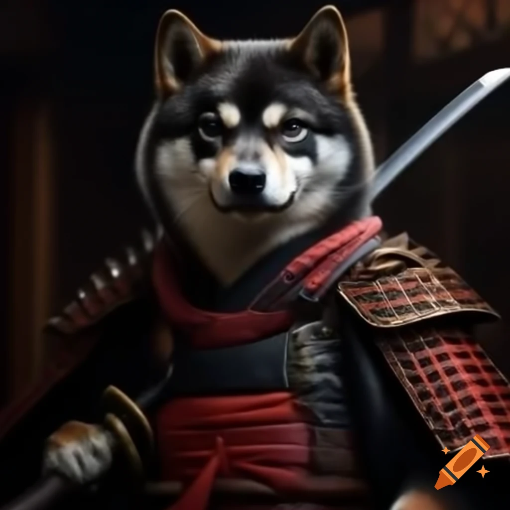 Black Shiba Inu in samurai armor holding katana sword