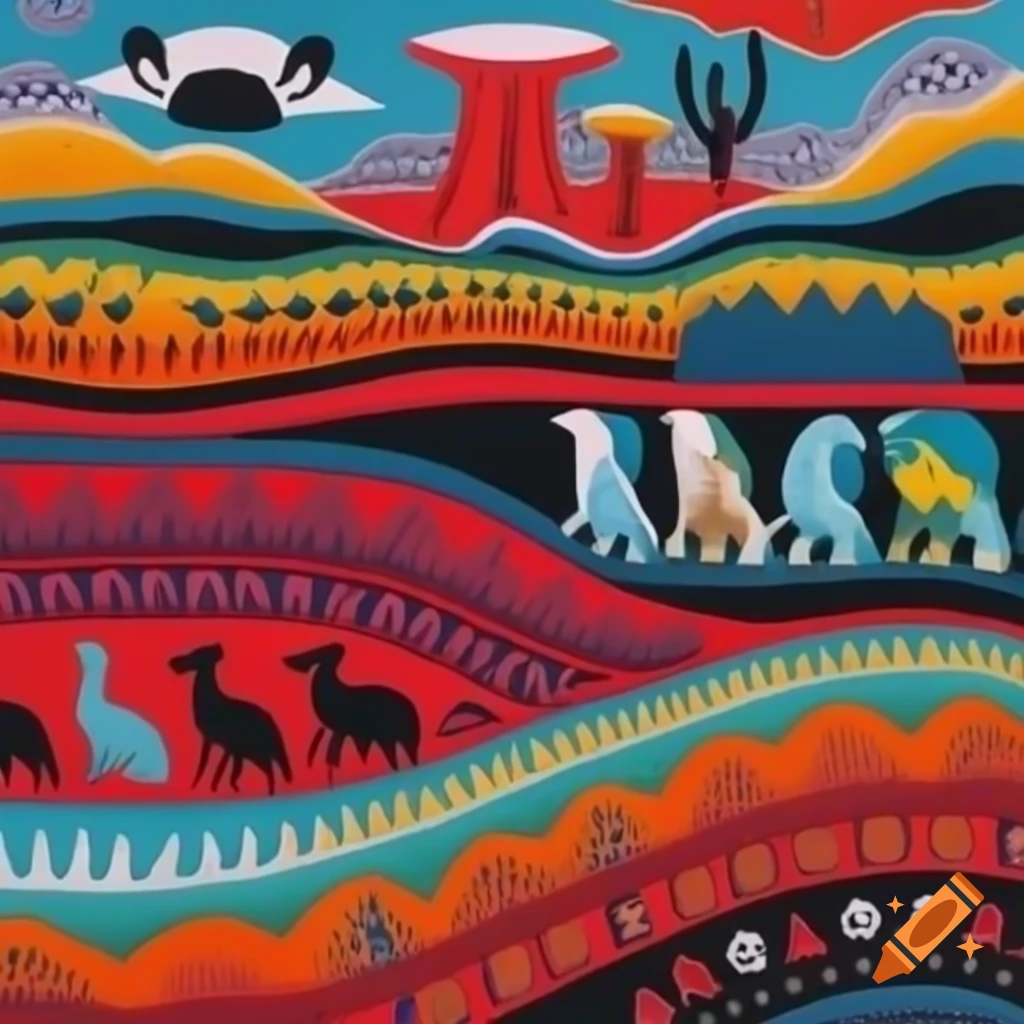Color serigraph of native Salish motifs featuring fantasy creatures and animal-human hybrids
