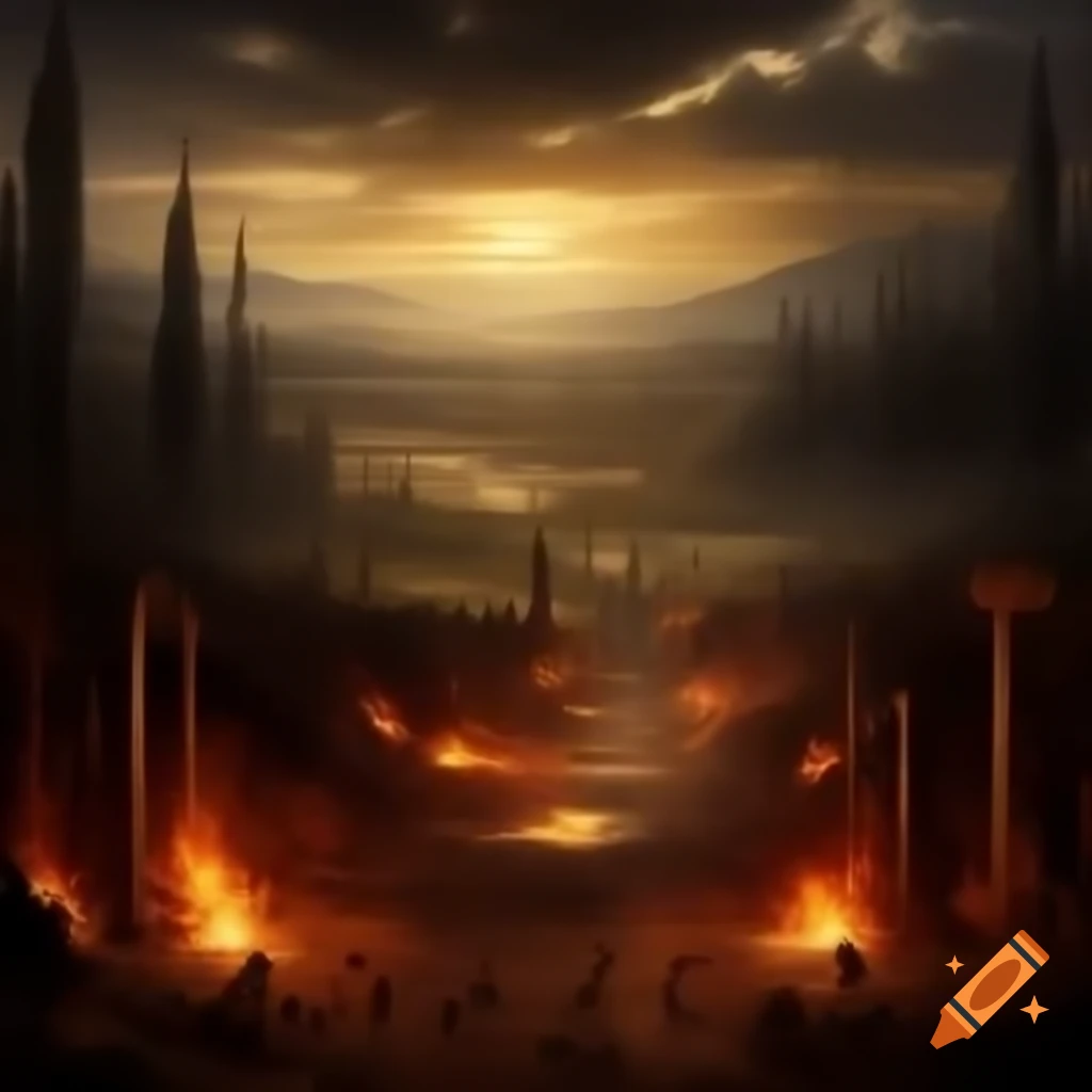 Dante's Inferno depiction of end times featuring dramatic fires and a haunting landscape