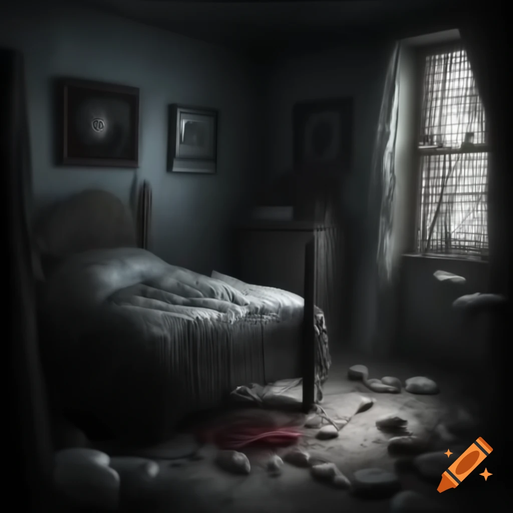 Creepy horror-themed room with dark decor