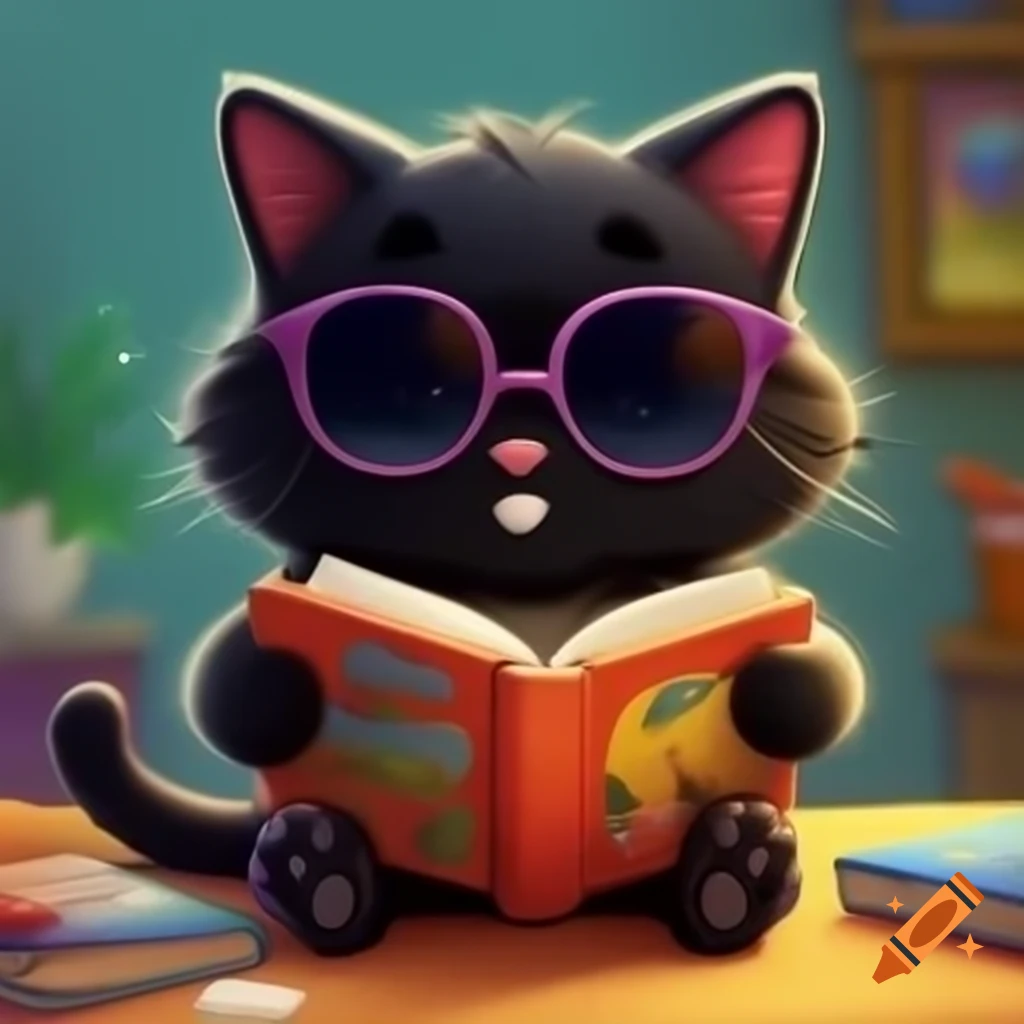 Cartoon of a black cat with sunglasses reading a book