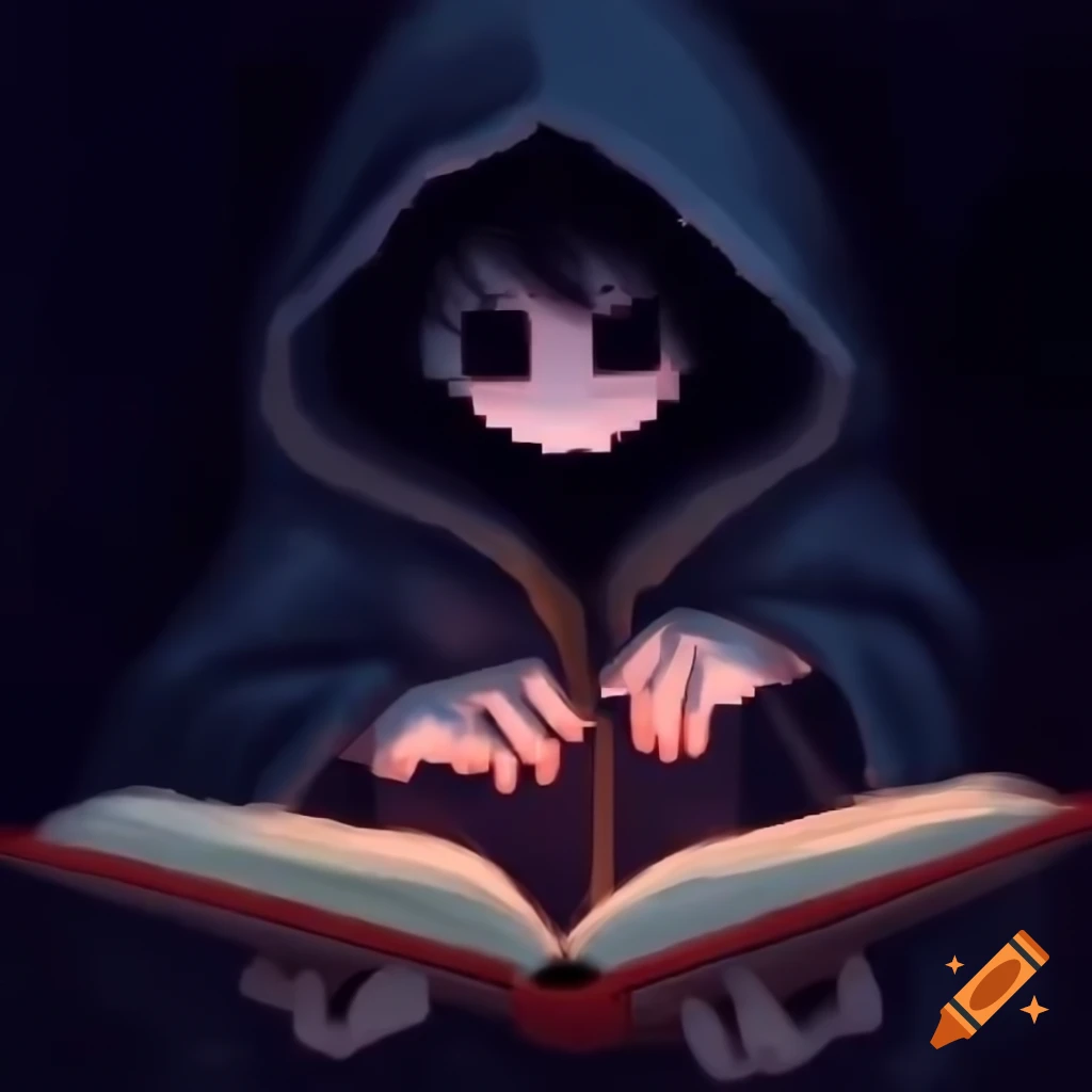 Mysterious hooded character reading from book in pixelated style