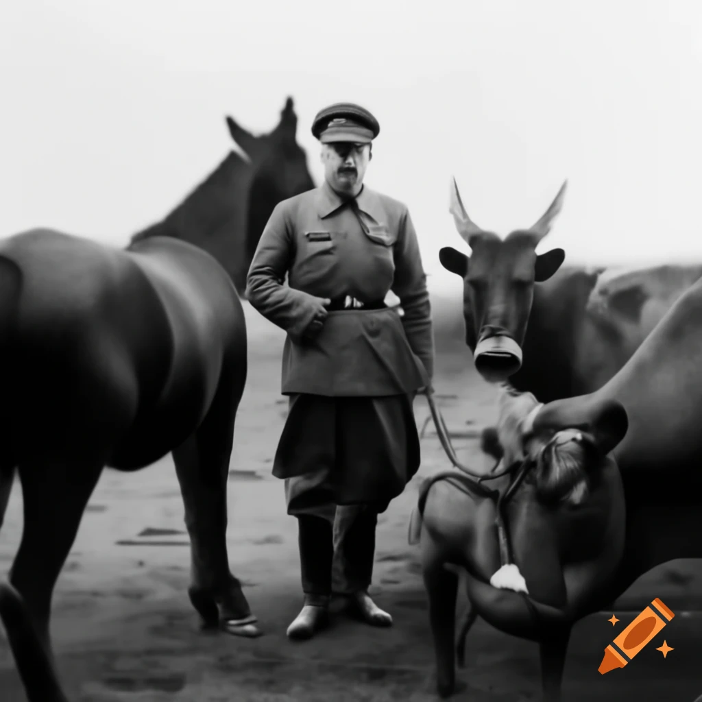Historical figure standing with an animal