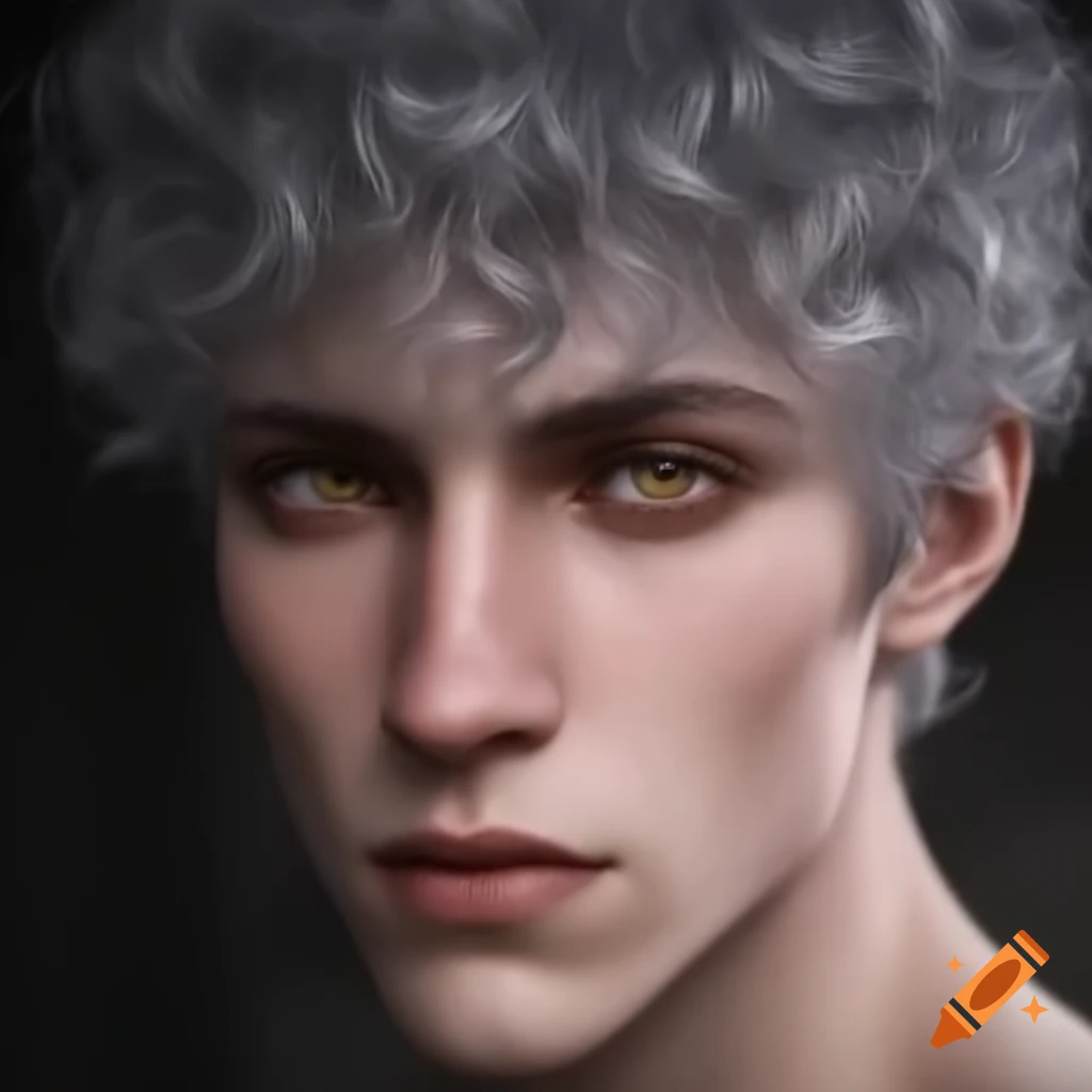 Man with curly silver hair, brown eyes, and freckles in an ethereal aesthetic