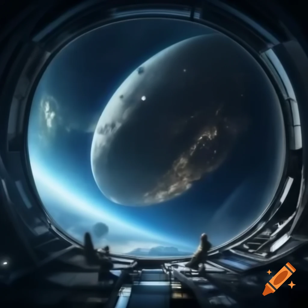 Interior of alien city ship with windows displaying space and planets, discussing Zarkothian complexities
