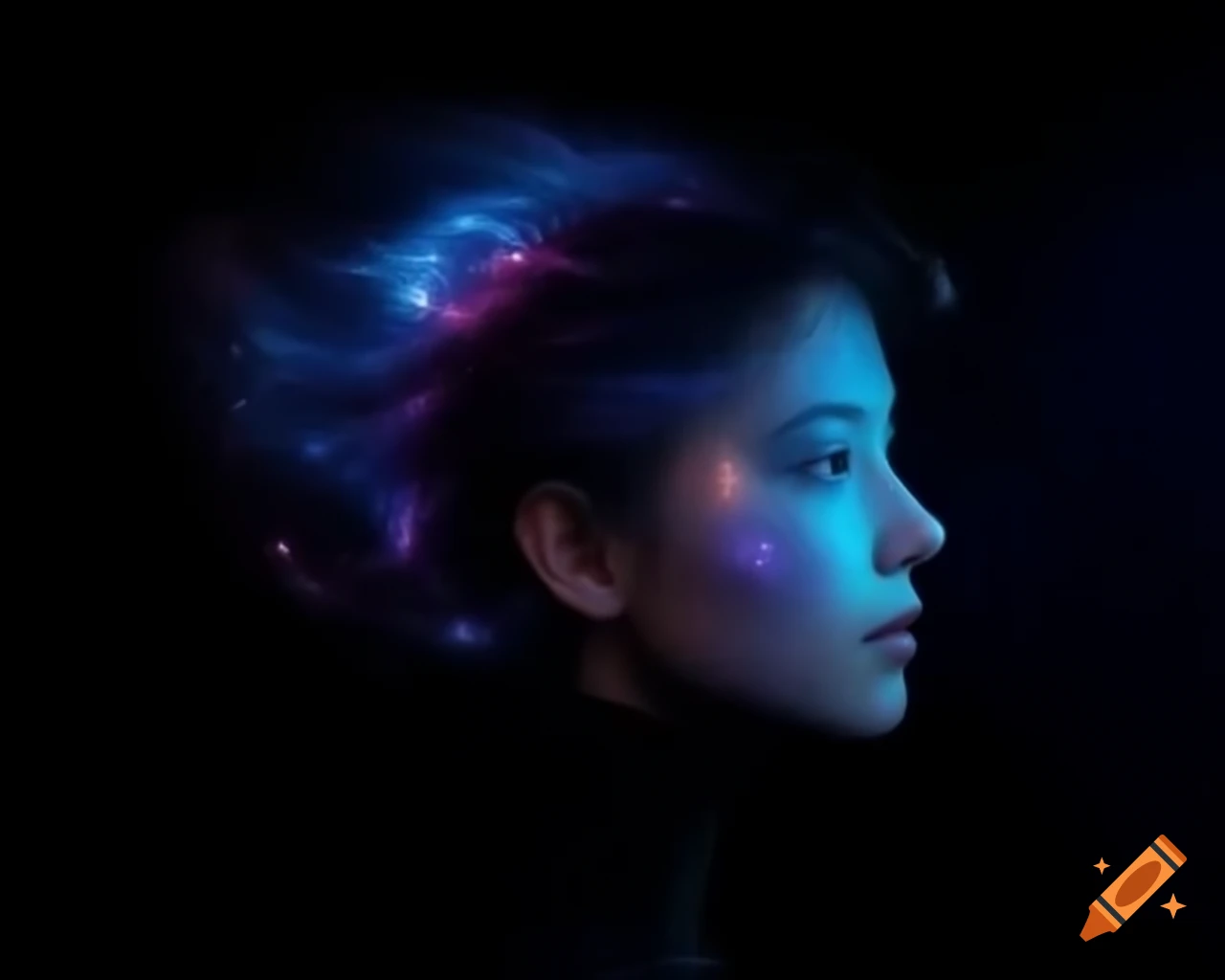 Realistic profile of woman with luminous galactic hair