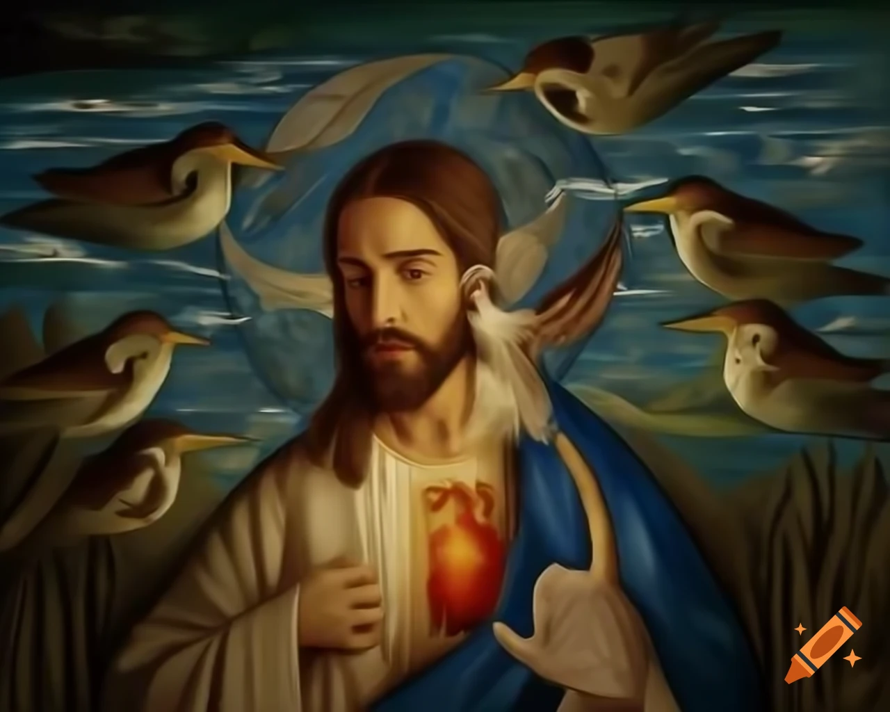 Mosaic painting of Jesus with birds and water by Svetoslav Roerich, figurative style