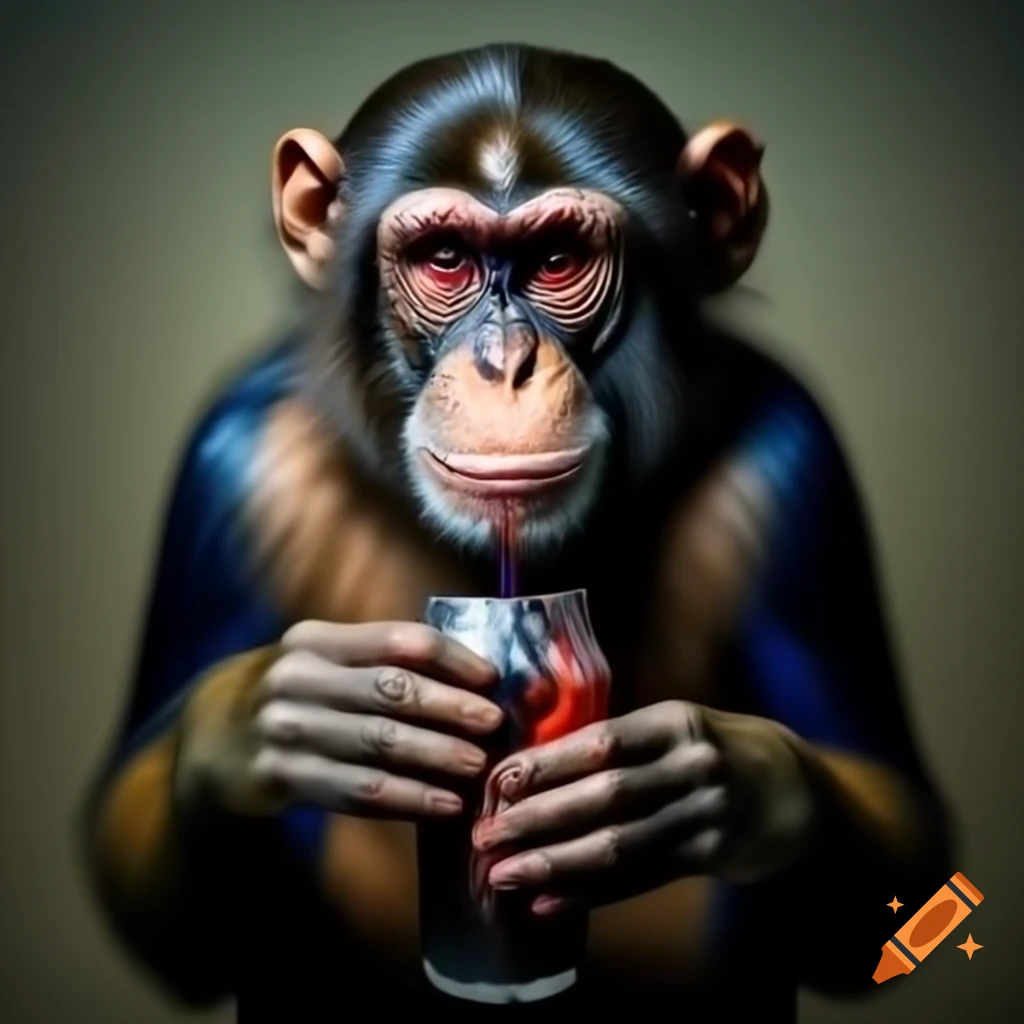 Monkey in sunglasses riding a bicycle and drinking cola in art style